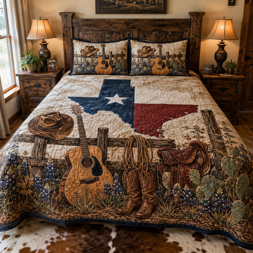 The Texas We Call Home quilted 3-piece bedding set on a made bed with two matching pillow shams