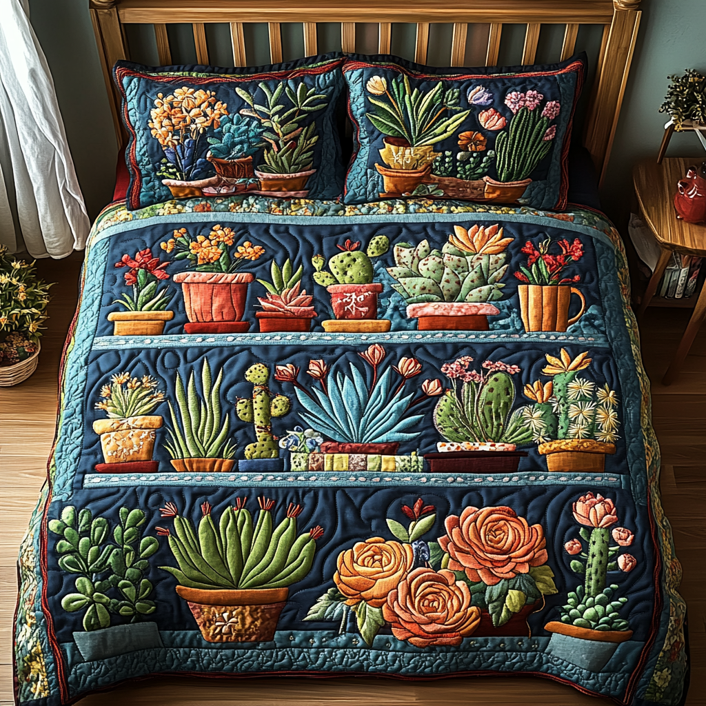 Thorn Tendril quilted 3-piece bedding set on a made bed with two matching pillow shams