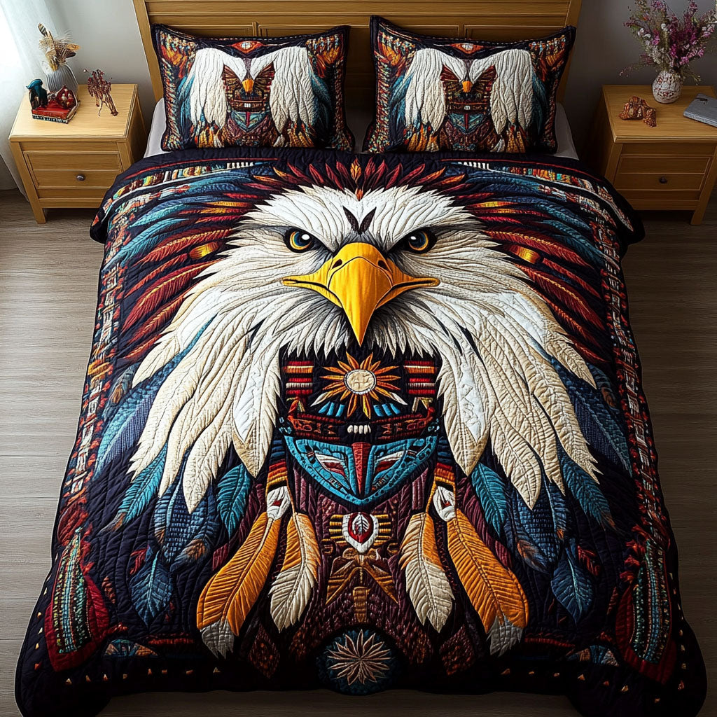 Thunder And Wings quilted 3-piece bedding set on a made bed with two matching pillow shams