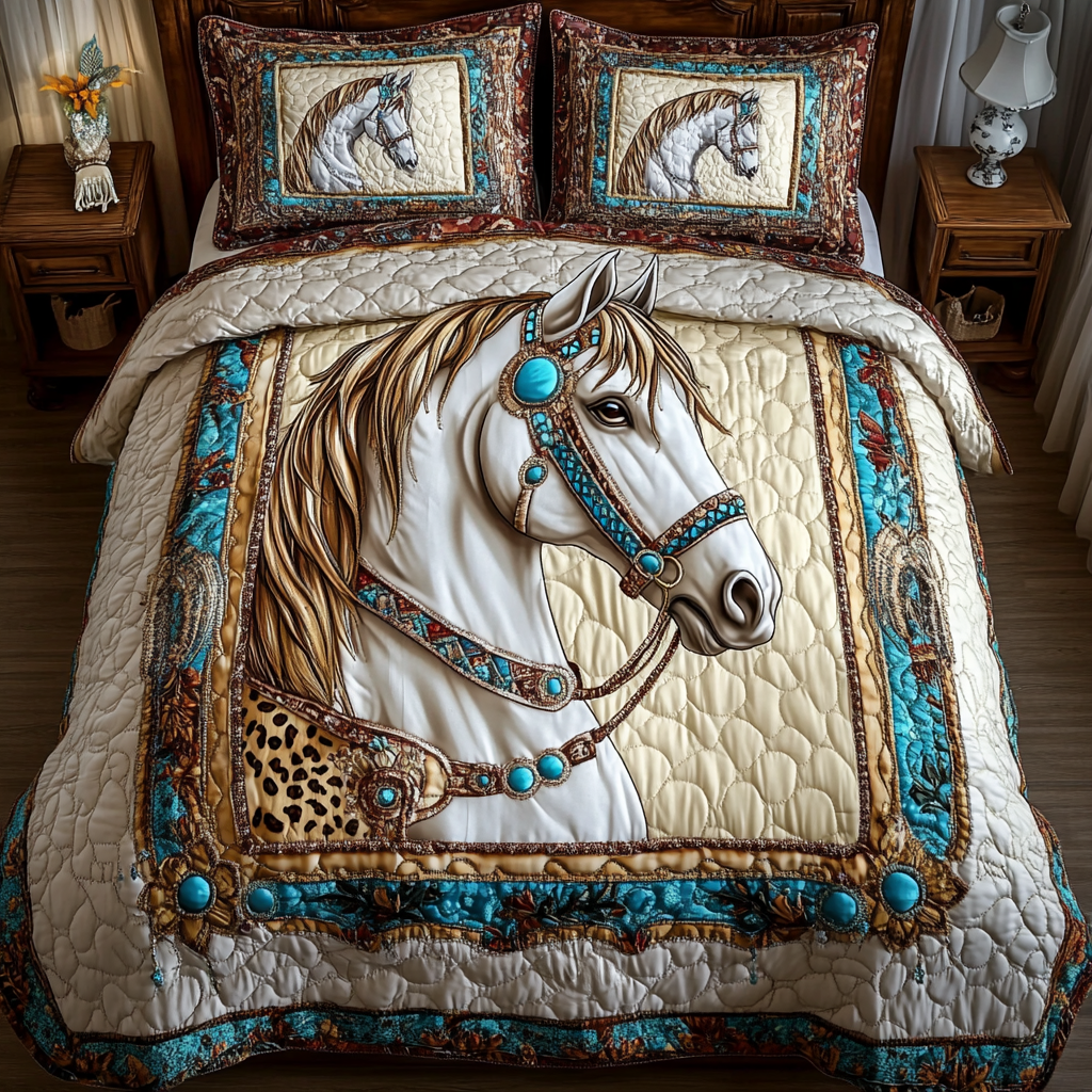 Thunder Hoof Bedspread quilted 3-piece bedding set on a made bed with two matching pillow shams