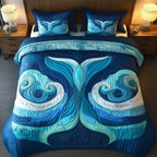 Tidal Symphony quilted 3-piece bedding set on a made bed with two matching pillow shams