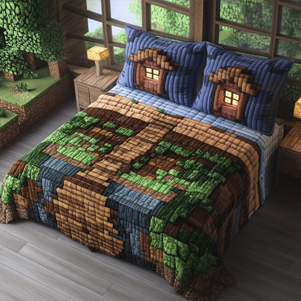 Tides And Traps quilted 3-piece bedding set on a made bed with two matching pillow shams