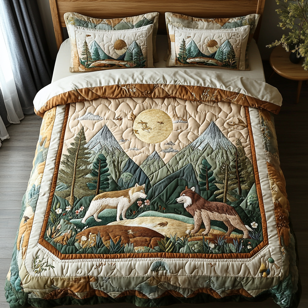 Timber Trail Animal quilted 3-piece bedding set on a made bed with two matching pillow shams