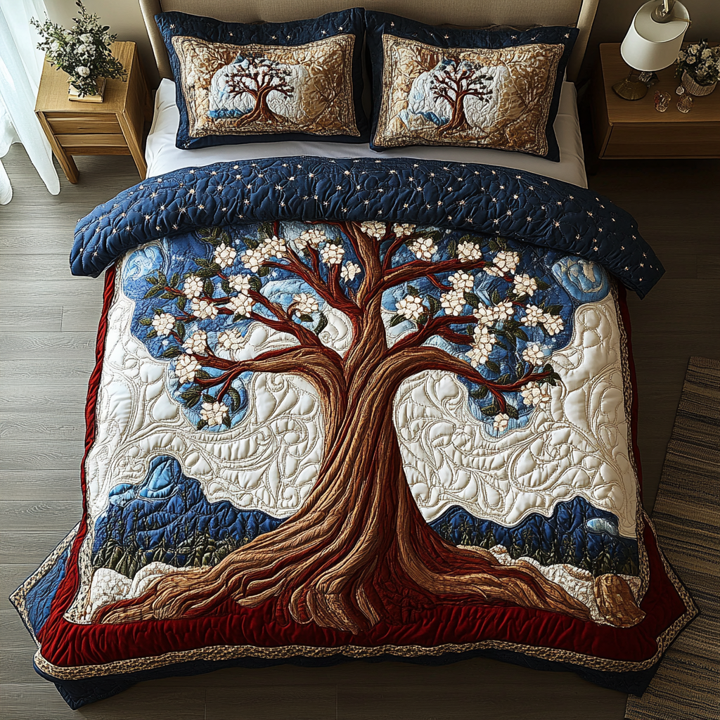 Timeless Growth quilted 3-piece bedding set on a made bed with two matching pillow shams