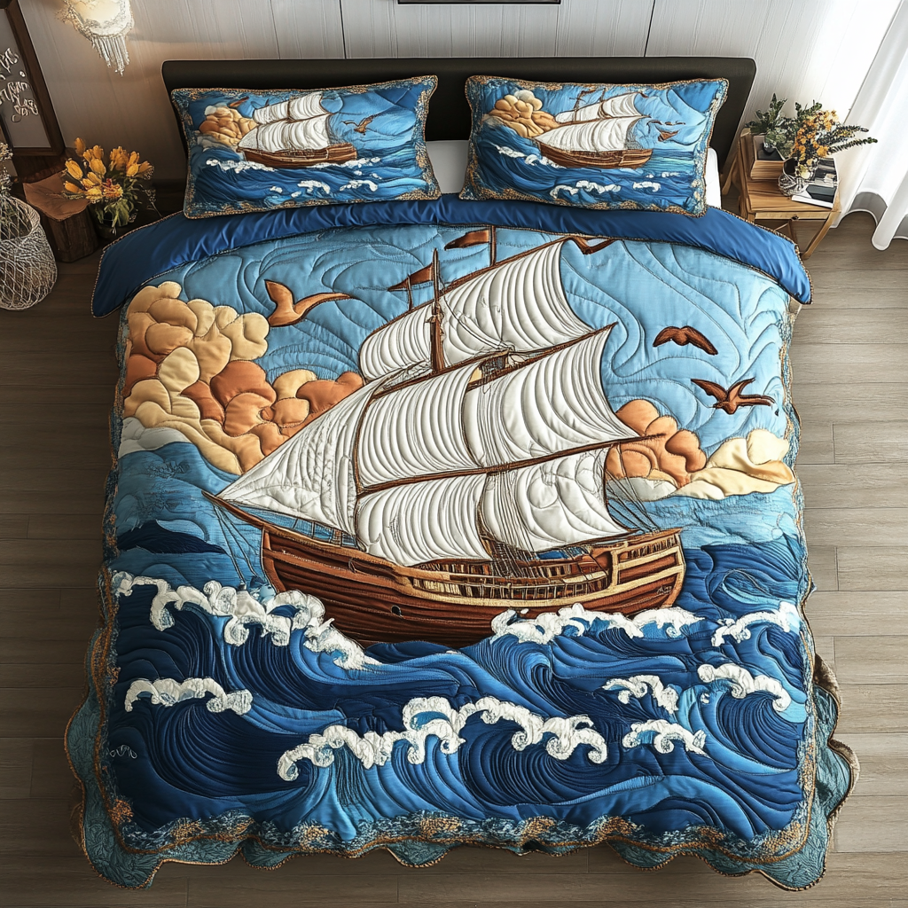 Timeless Sailboat quilted 3-piece bedding set on a made bed with two matching pillow shams