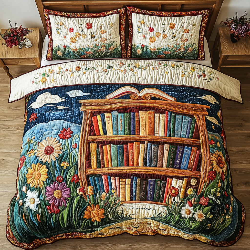 Timeless Tales quilted 3-piece bedding set on a made bed with two matching pillow shams