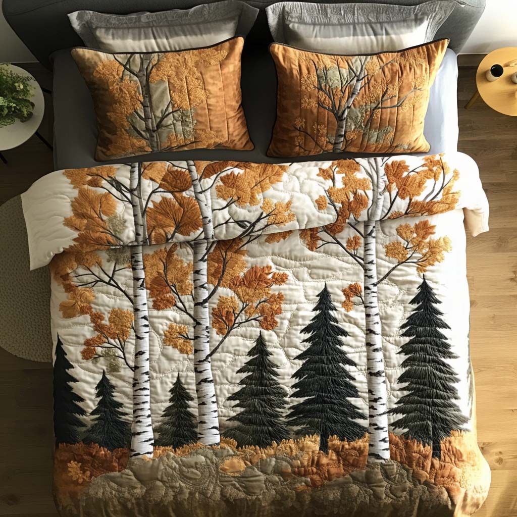 Tranquil Forest Autumn quilted 3-piece bedding set on a made bed with two matching pillow shams