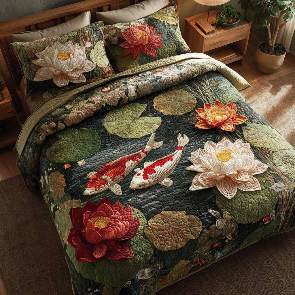 Tranquil Waters Animal quilted 3-piece bedding set on a made bed with two matching pillow shams