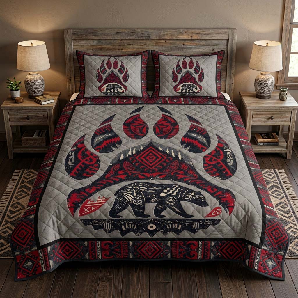Tribal Bear Track quilted 3-piece bedding set on a made bed with two matching pillow shams