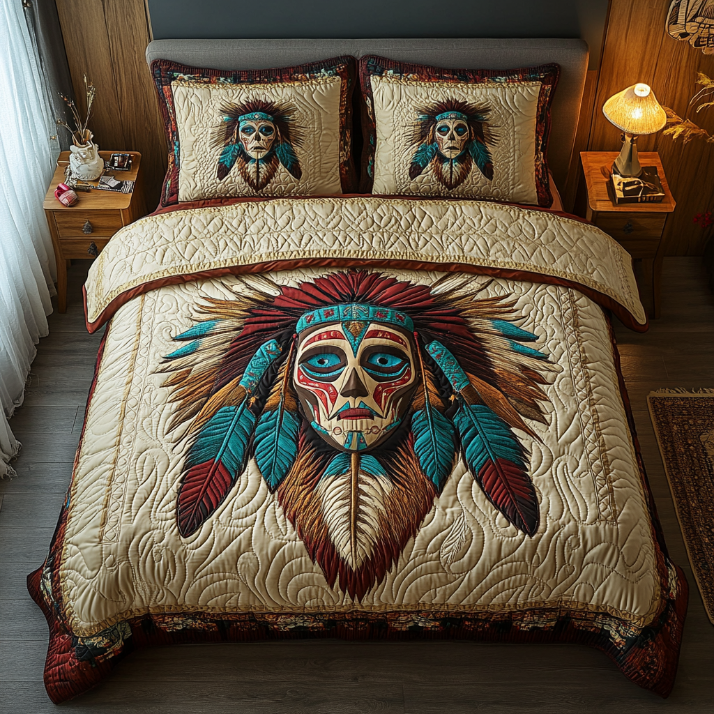 Tribal Echoes Southwest quilted 3-piece bedding set on a made bed with two matching pillow shams