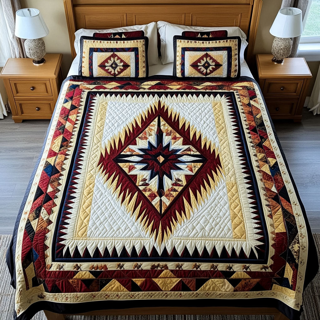 Tribal Harmony Pattern quilted 3-piece bedding set on a made bed with two matching pillow shams