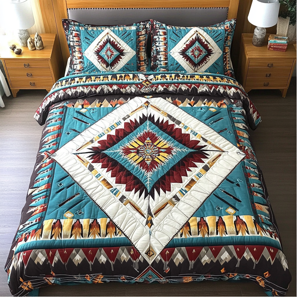 Tribal Harmony Southwest quilted 3-piece bedding set on a made bed with two matching pillow shams