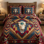 Tribal Majesty Southwest quilted 3-piece bedding set on a made bed with two matching pillow shams