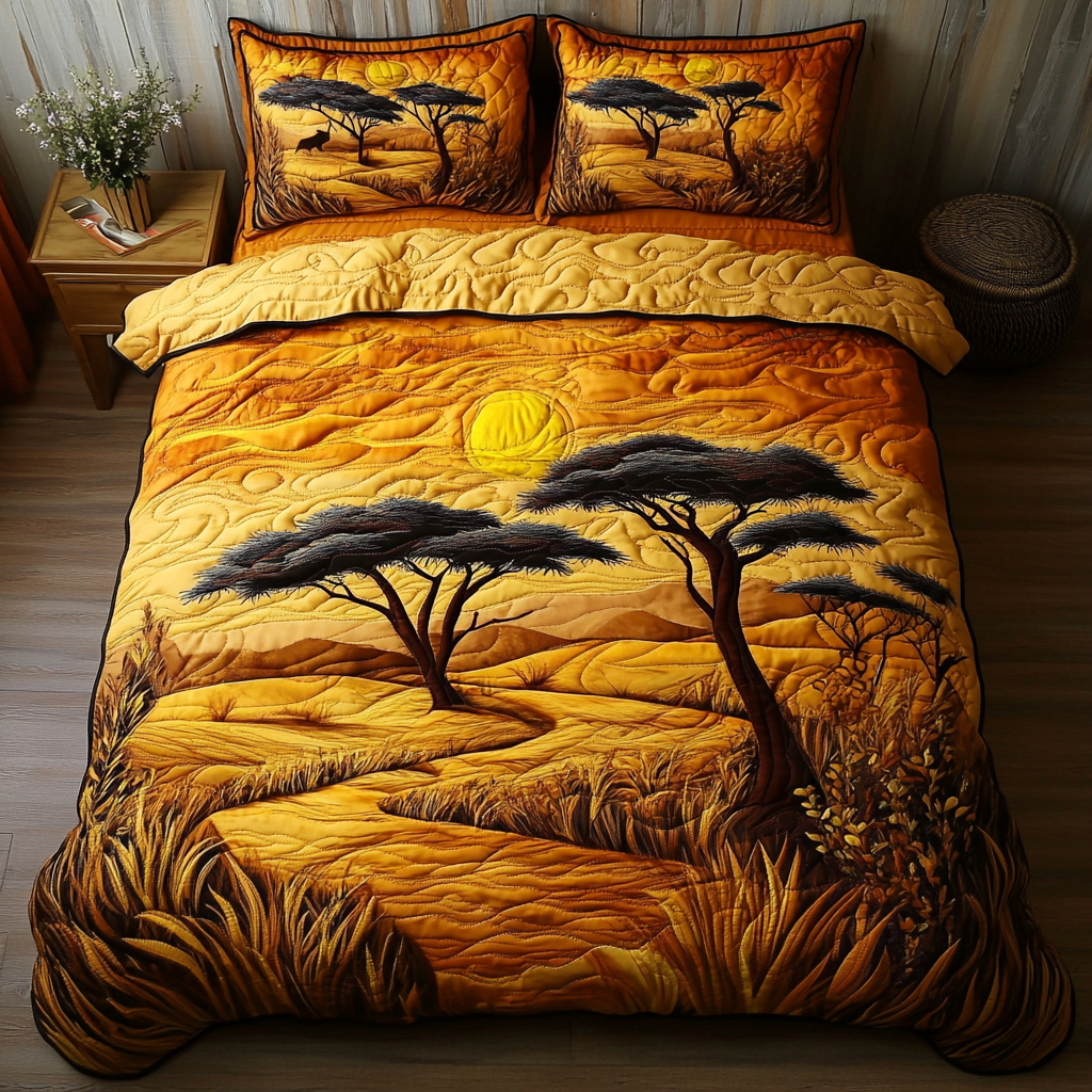 Tribal Sunset quilted 3-piece bedding set on a made bed with two matching pillow shams