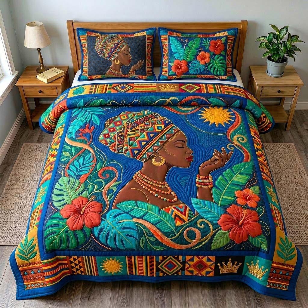 Tropical Afro Bloom quilted 3-piece bedding set on a made bed with two matching pillow shams