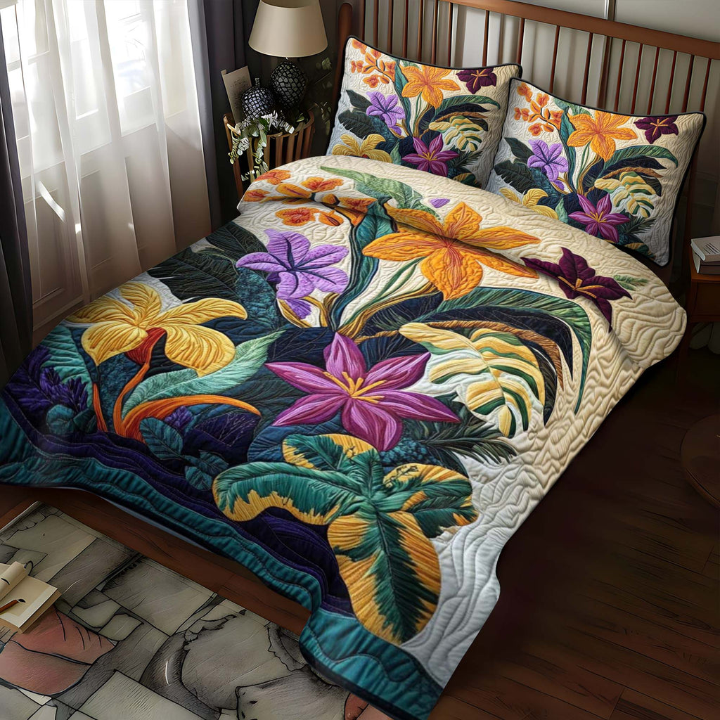 Tropical Bloom quilted 3-piece bedding set on a made bed with two matching pillow shams