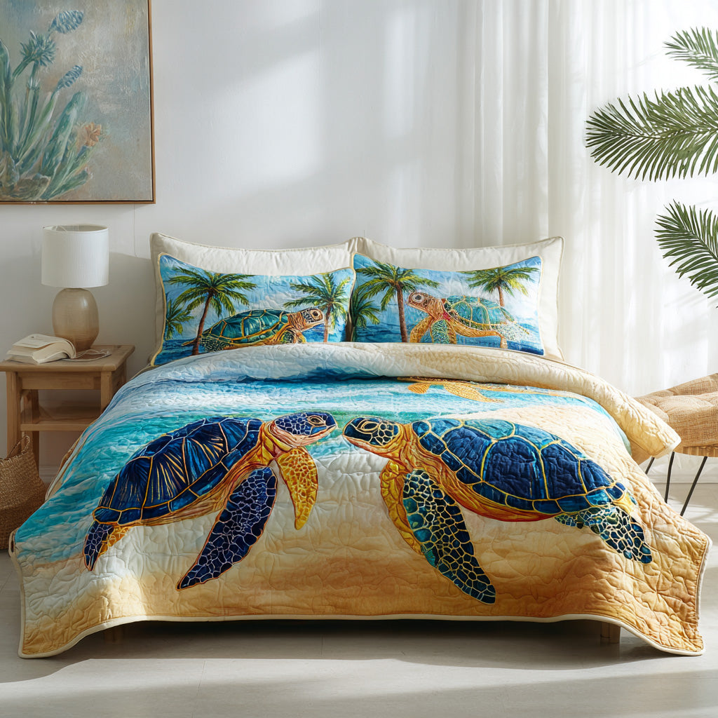 Tropical Drift quilted 3-piece bedding set on a made bed with two matching pillow shams