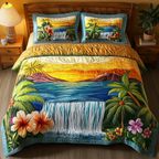 Tropical Falls quilted 3-piece bedding set on a made bed with two matching pillow shams