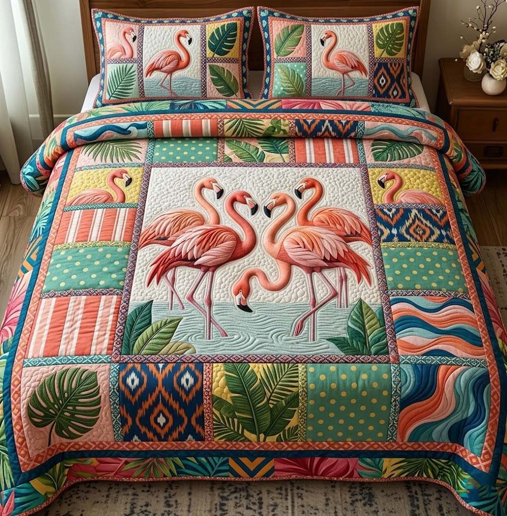 Tropical Flamingo quilted 3-piece bedding set on a made bed with two matching pillow shams