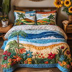 Tropical Glow Aloha quilted 3-piece bedding set on a made bed with two matching pillow shams