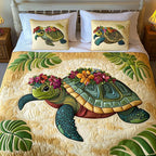 Tropical Glow Ocean quilted 3-piece bedding set on a made bed with two matching pillow shams