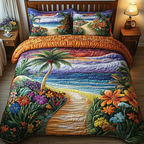 Tropical Serenity quilted 3-piece bedding set on a made bed with two matching pillow shams