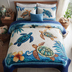 Tropical Tide Animal quilted 3-piece bedding set on a made bed with two matching pillow shams