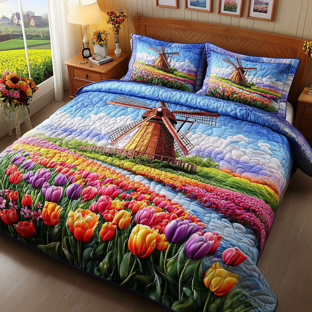 Tulip Dreams Countryside quilted 3-piece bedding set on a made bed with two matching pillow shams