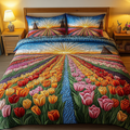 Tulip Garden quilted 3-piece bedding set on a made bed with two matching pillow shams