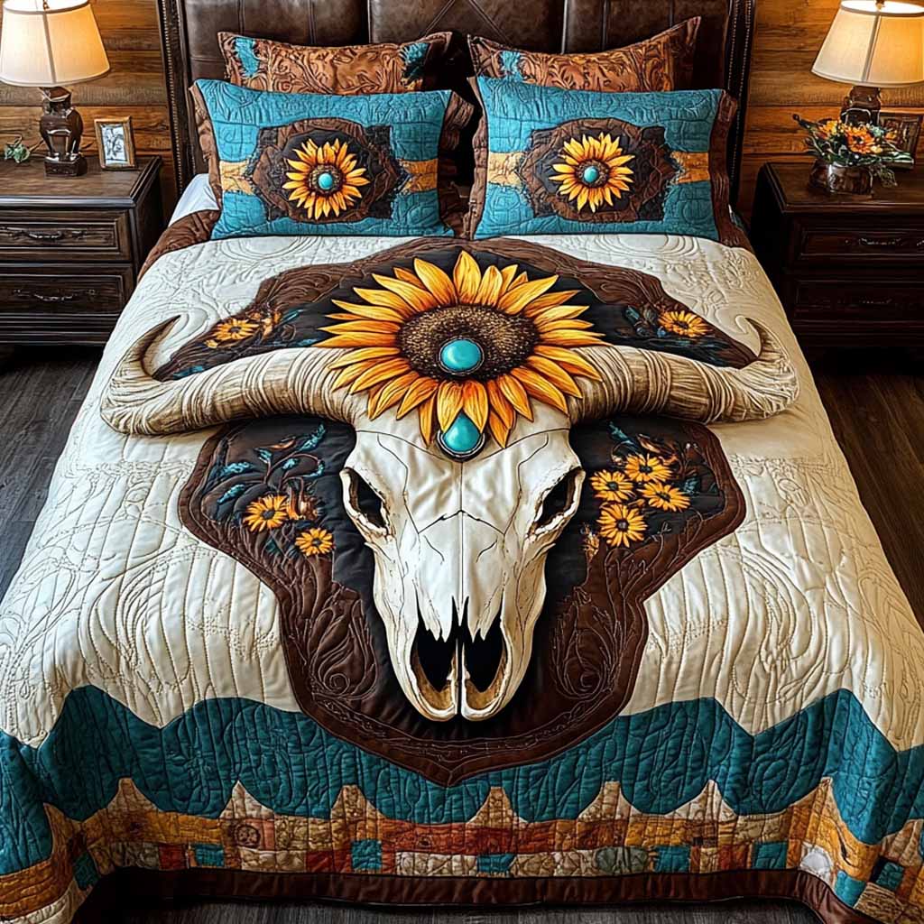 Turquoise Ranch quilted 3-piece bedding set on a made bed with two matching pillow shams