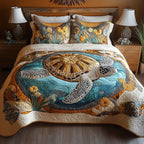 Turtle Haven Animal quilted 3-piece bedding set on a made bed with two matching pillow shams