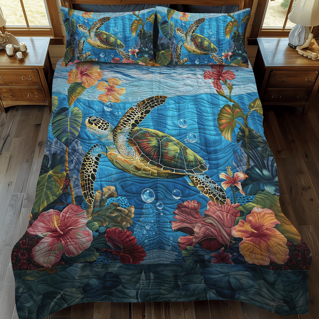 Turtle Serenity quilted 3-piece bedding set on a made bed with two matching pillow shams