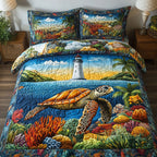 Turtle Tranquility Animal quilted 3-piece bedding set on a made bed with two matching pillow shams