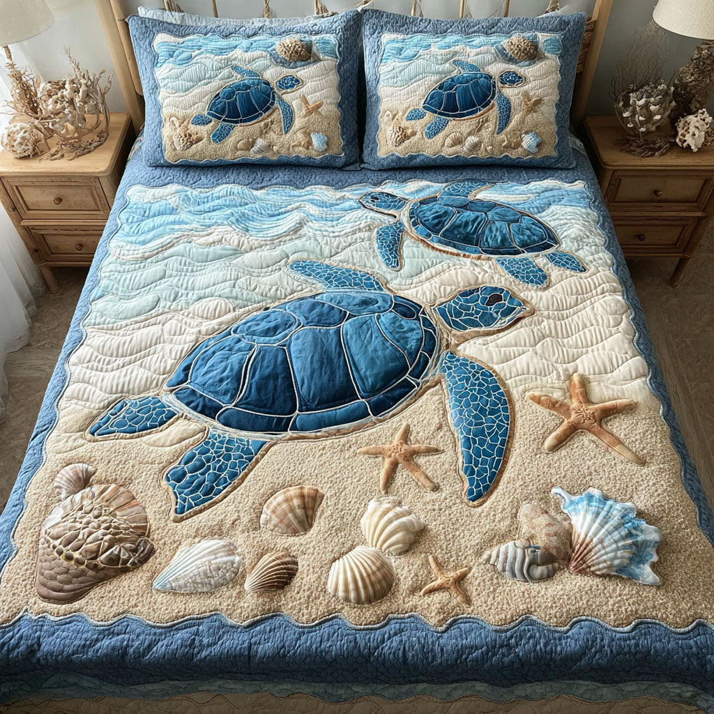 Turtle Waves quilted 3-piece bedding set on a made bed with two matching pillow shams