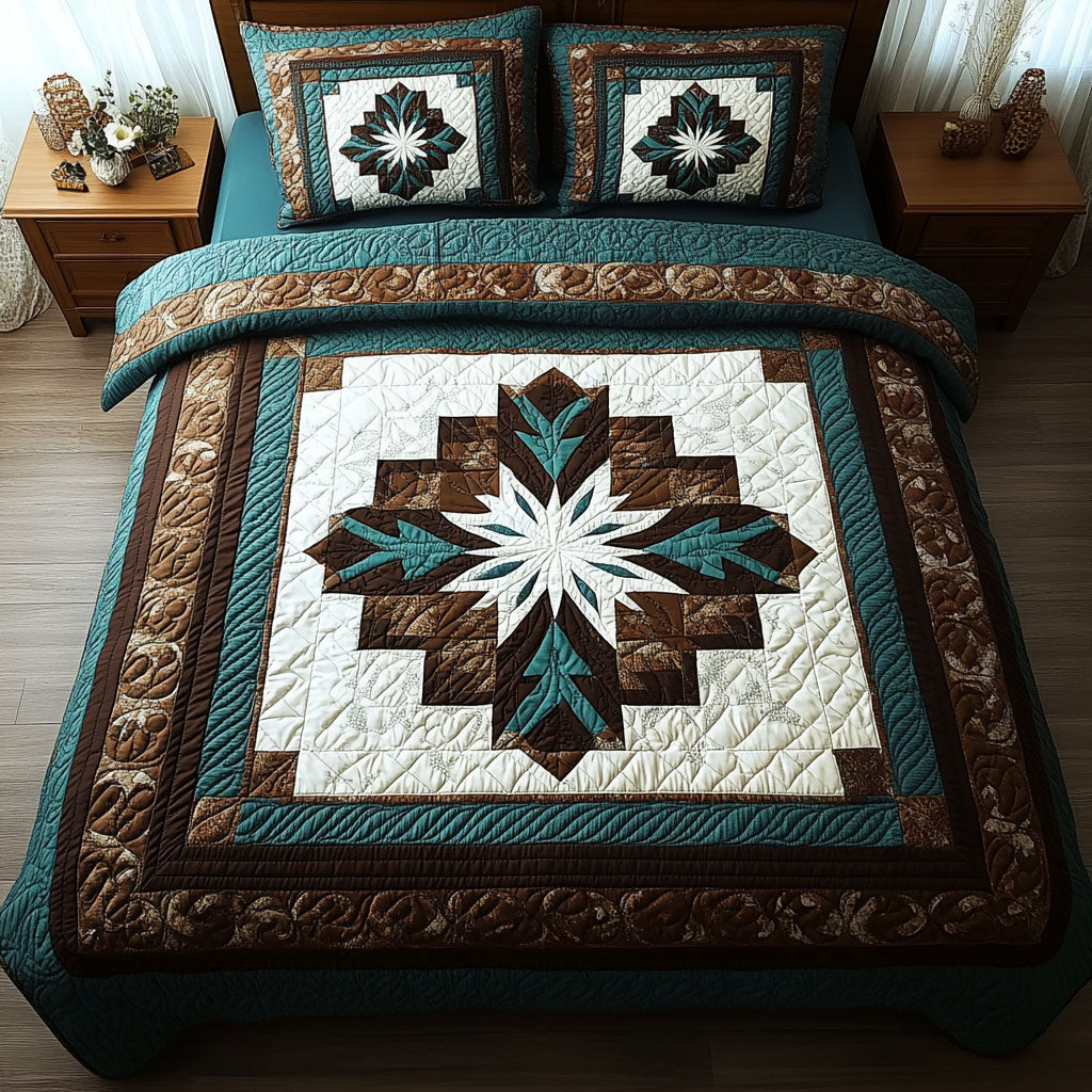 Twilight Harmony quilted 3-piece bedding set on a made bed with two matching pillow shams