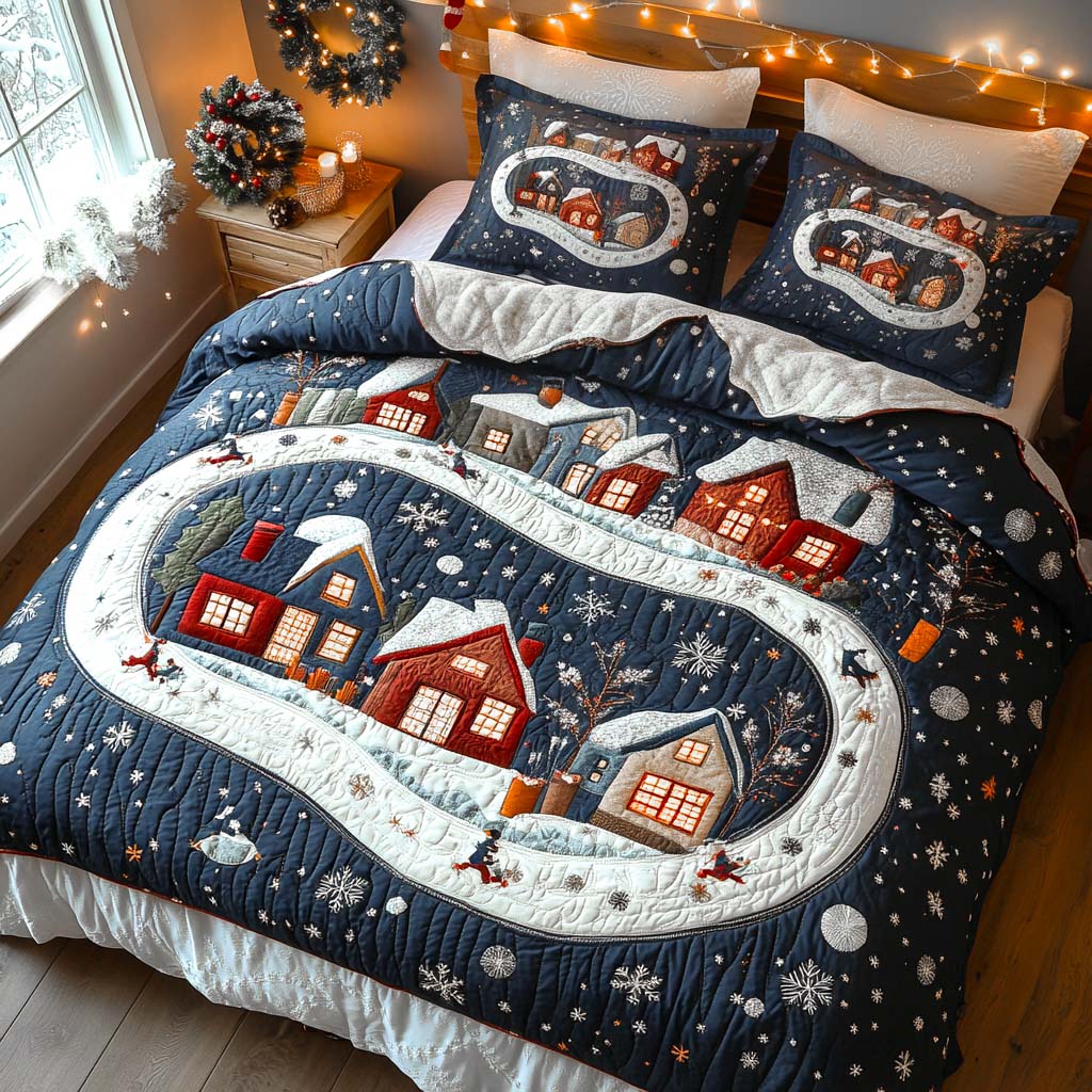 Twinkling Holiday Homes quilted 3-piece bedding set on a made bed with two matching pillow shams