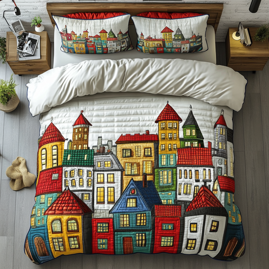 Urban View quilted 3-piece bedding set on a made bed with two matching pillow shams