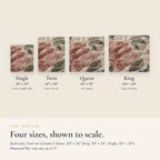 Size guide to scale: Single 59x70, Twin 69x90, Queen 90x90, King 104x94 inches, with 2 shams