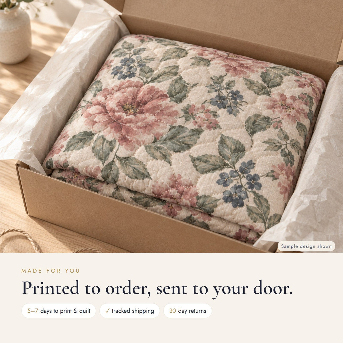 Made to order: printed and quilted in 5-7 business days, tracked shipping, 30-day returns (sample design shown)