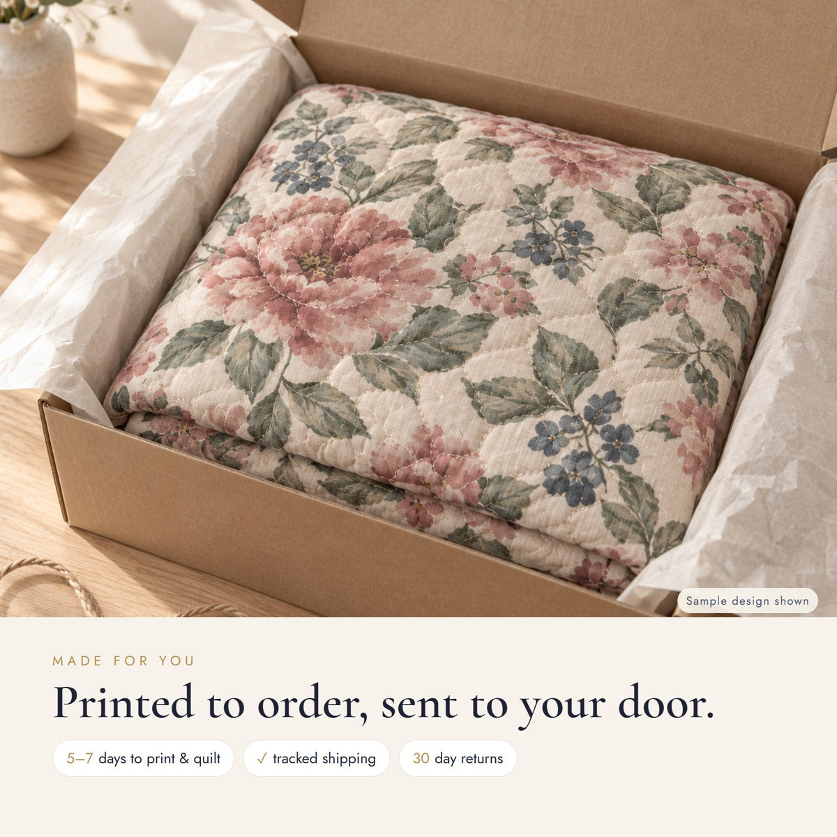 Made to order: printed and quilted in 5-7 business days, tracked shipping, 30-day returns (sample design shown)