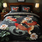 Velvet Koi quilted 3-piece bedding set on a made bed with two matching pillow shams