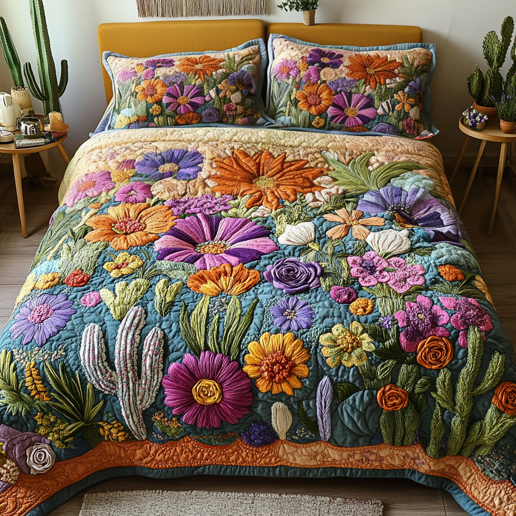 Vibrant Blooms quilted 3-piece bedding set on a made bed with two matching pillow shams