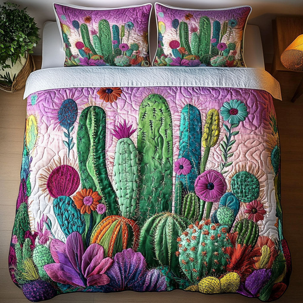 Vibrant Cactus Hobbies quilted 3-piece bedding set on a made bed with two matching pillow shams