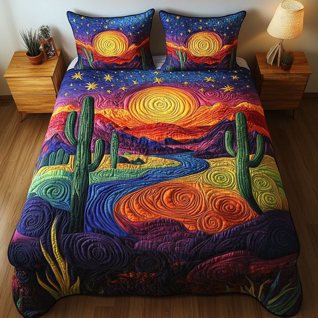 Vibrant Dunes quilted 3-piece bedding set on a made bed with two matching pillow shams