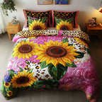 Vibrant Sunflowers Flower quilted 3-piece bedding set on a made bed with two matching pillow shams