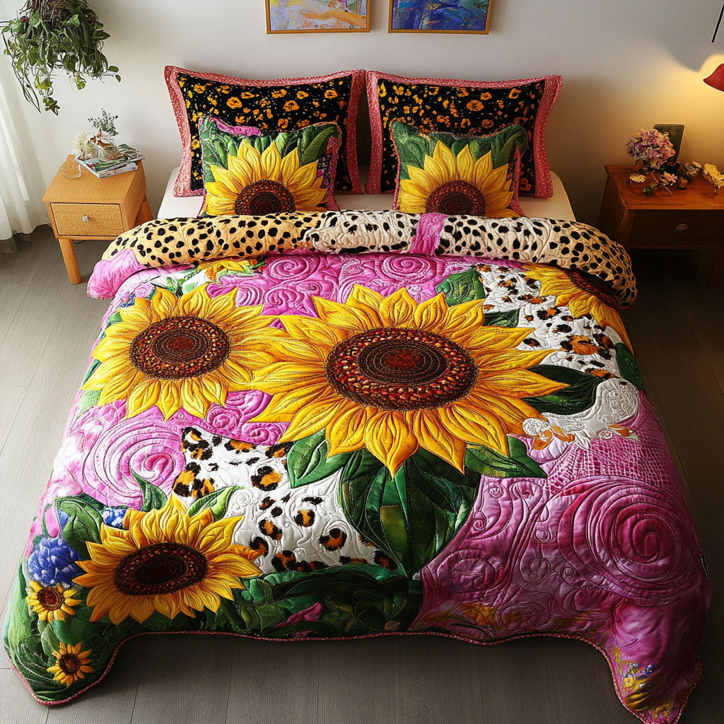 Vibrant Sunflowers Flower quilted 3-piece bedding set on a made bed with two matching pillow shams