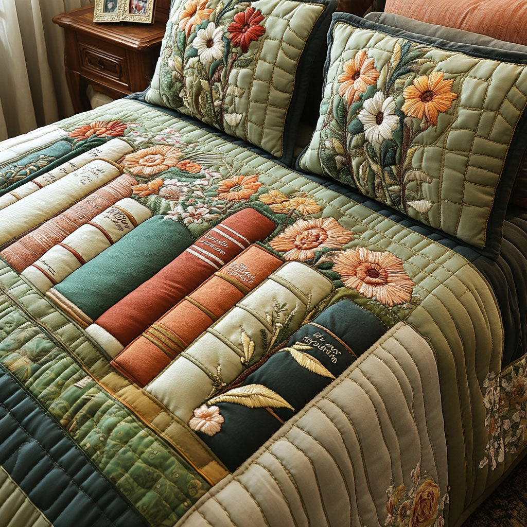Vintage Book Haven quilted 3-piece bedding set on a made bed with two matching pillow shams
