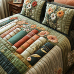 Vintage Book Haven quilted 3-piece bedding set on a made bed with two matching pillow shams