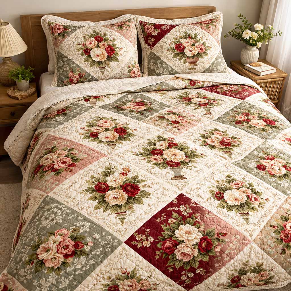 Vintage Bouquet Flower quilted 3-piece bedding set on a made bed with two matching pillow shams