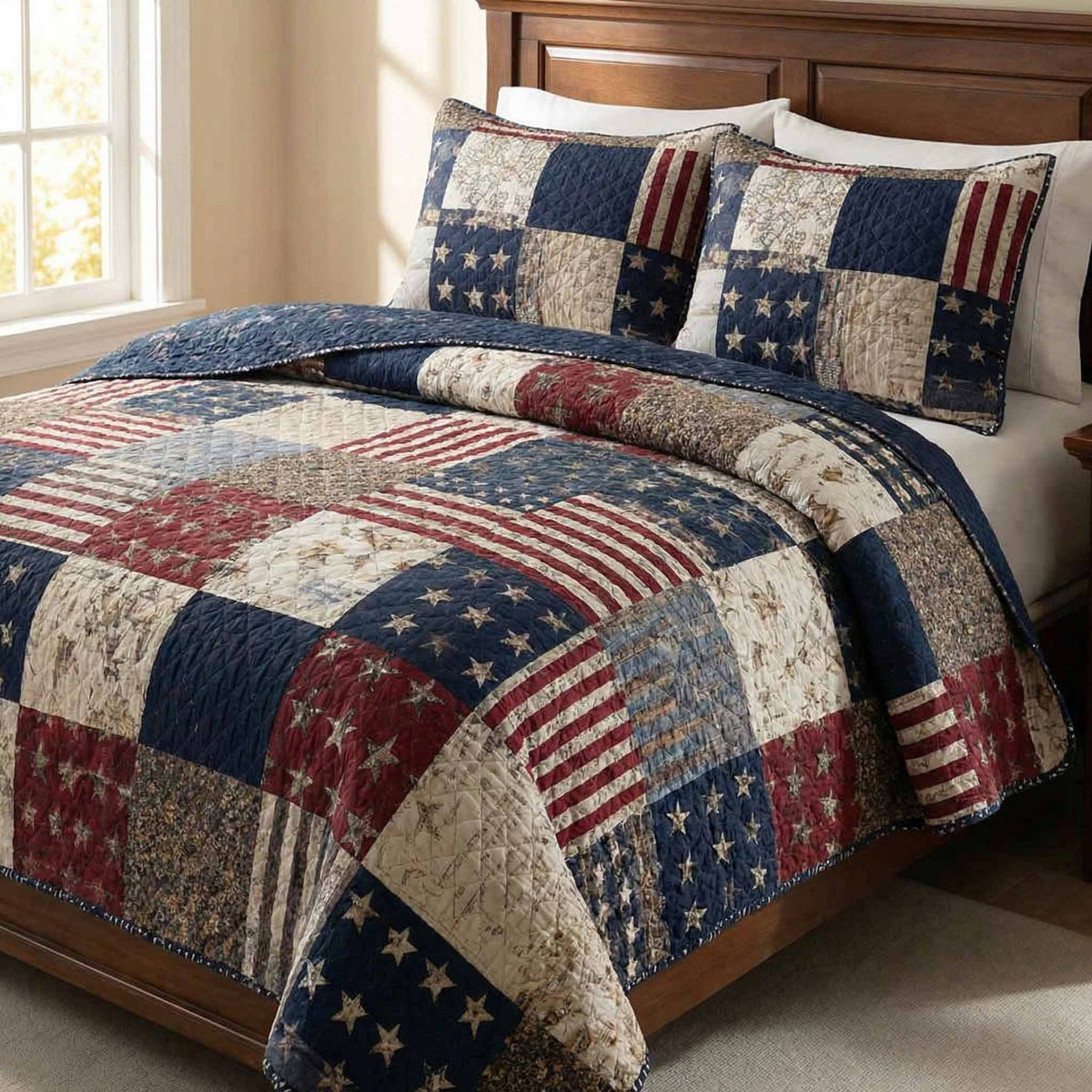 Vintage Patch quilted 3-piece bedding set on a made bed with two matching pillow shams